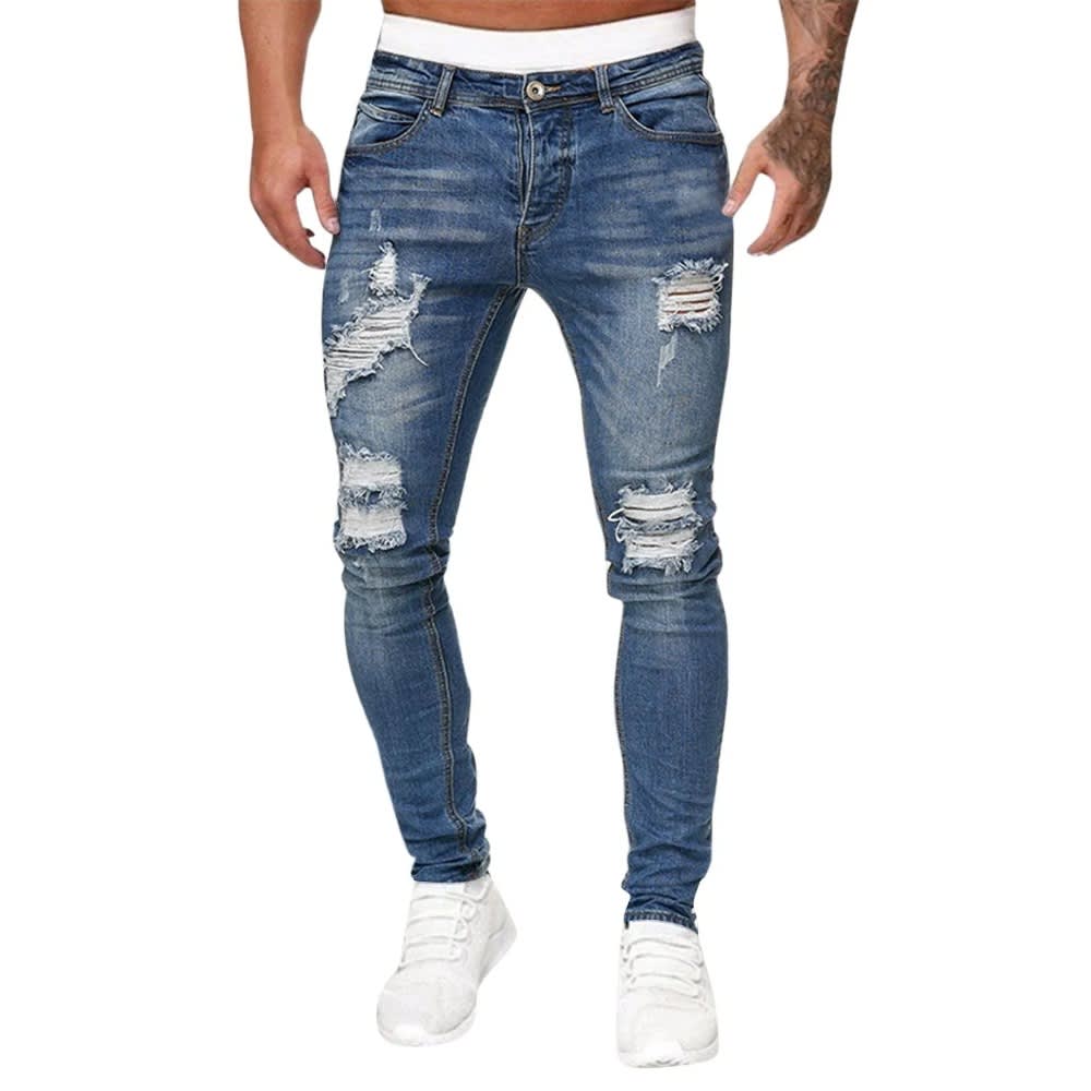 2024 Men's Fashion Street Style Ripped Skinny Jeans: Stretchy Destroyed Slim Fit Denim Pants